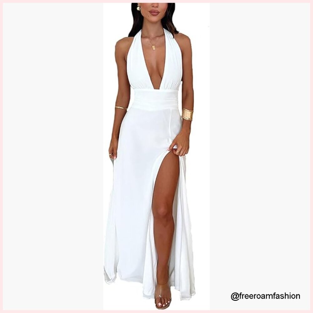Sexy Halter Maxi Dress Backless High Slit Formal Evening Party Wear